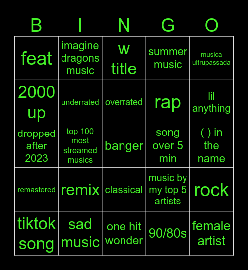 music Bingo Card