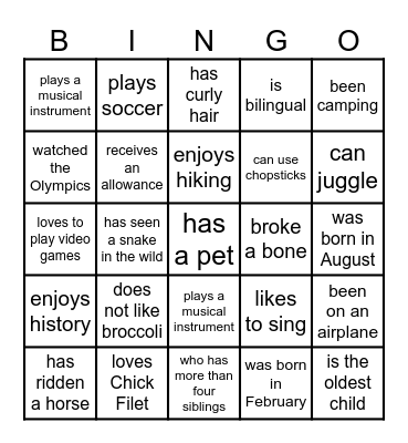 Human Bing0 Bingo Card