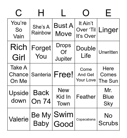 Chloe Bingo Card