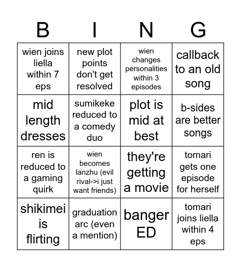 LIELLA s3 Bingo Card