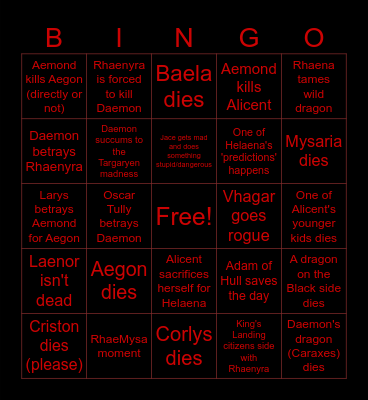 HOTD S2 Final Episode Predictions Bingo Card