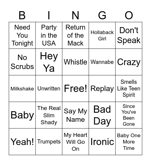 Throwbacks Bingo Card
