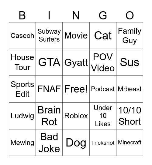 Youtube Shorts Bingo Card