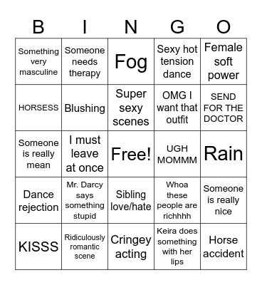 Pride & Prejudice Bingo Card