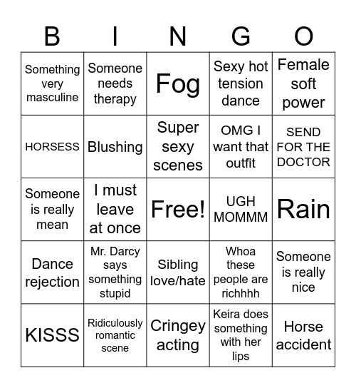 Pride & Prejudice Bingo Card