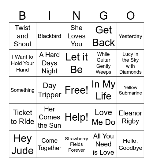 Beatles Bingo Card