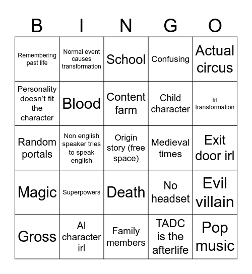 TADC “Sad Origin Story” Bingo Card