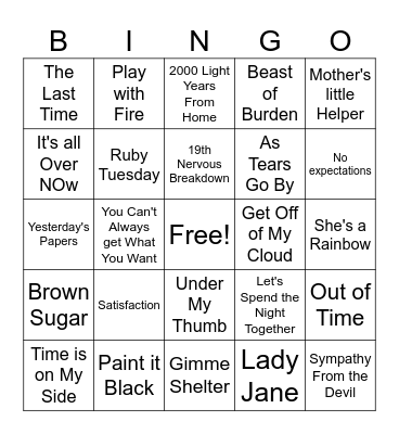 Rolling Stones Bingo Card