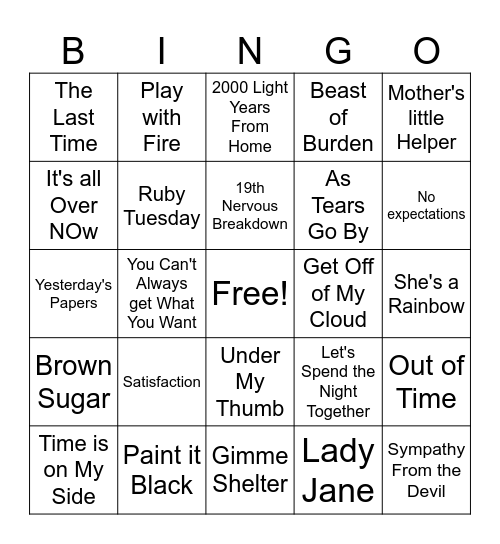 Rolling Stones Bingo Card