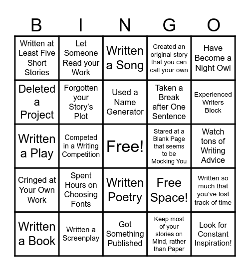 Creative Writing Bingo! Bingo Card