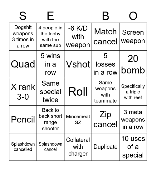 Spyke Bingo Card