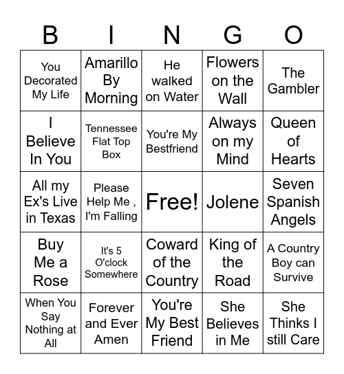 80's Country Bingo Card