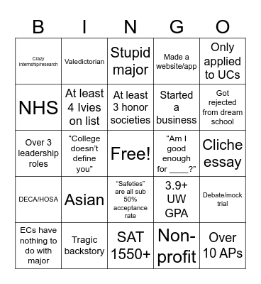 Collegemaxxer bingo Card