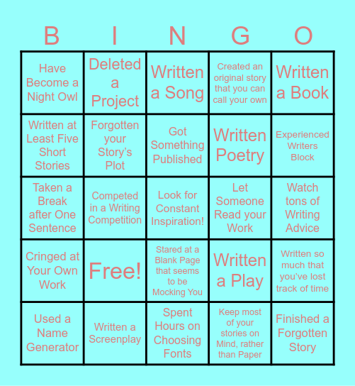 Creative Writing Bingo Card