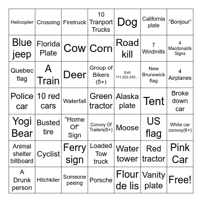 Road Trip Bingo Card