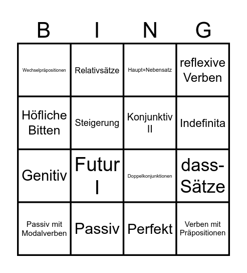 Grammatik Bingo Card