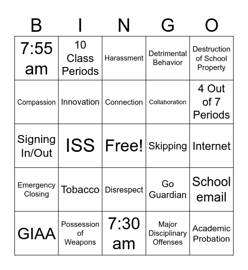 The Student Handbook Bingo Card