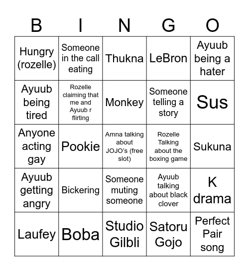 Our call Bingo Card