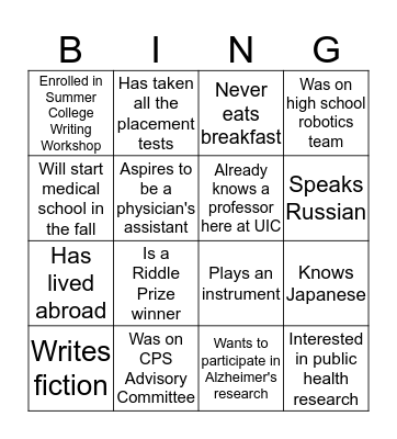 Undergrad Research Ice Breaker Bingo Card