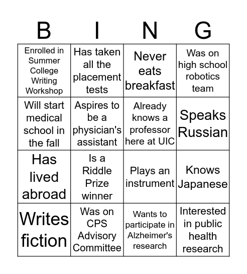 Undergrad Research Ice Breaker Bingo Card