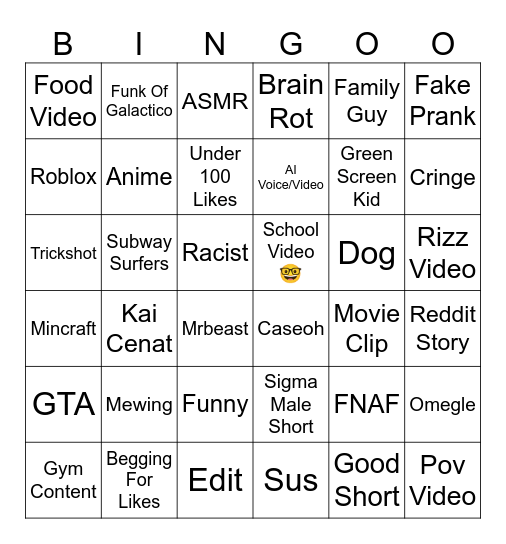 Youtube Shorts Bingo Card