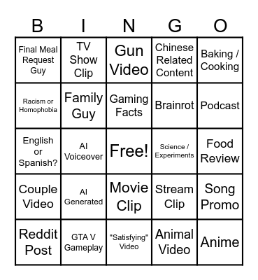 YT Shorts Bingo Card