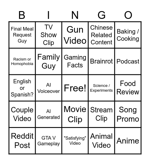 YT Shorts Bingo Card