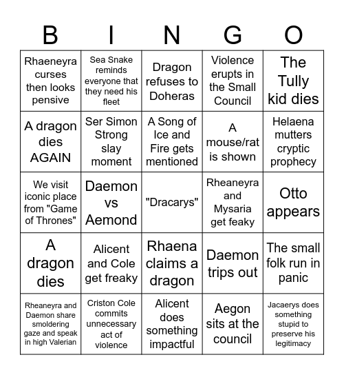 House of Dragon Finale Bingo Card