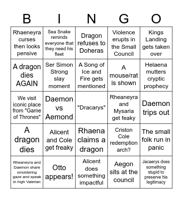 House of Dragon Finale Bingo Card