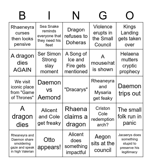 House of Dragon Finale Bingo Card