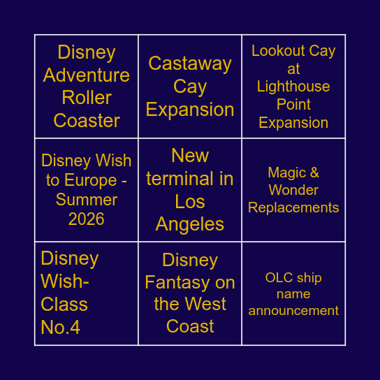 D23 Predictions - Disney Cruise Line Bingo Card