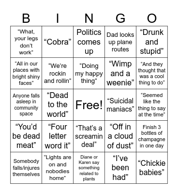 Fam Trip Bingo Card