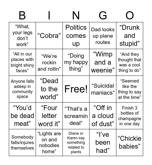 Fam Trip Bingo Card