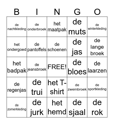 Kleding Bingo Card