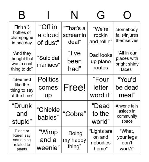 Fam Trip Bingo Card