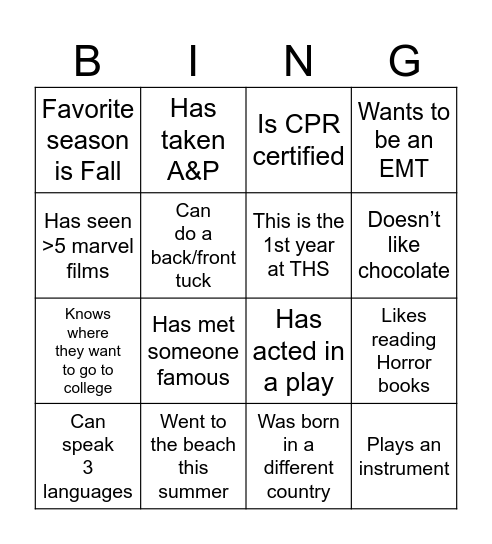 Getting to Know You Bingo Card