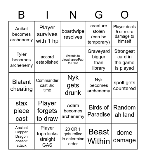 Commander Night Bingo Card