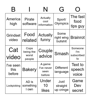 Yt Shorts Bingo Card