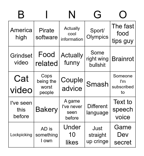 Yt Shorts Bingo Card