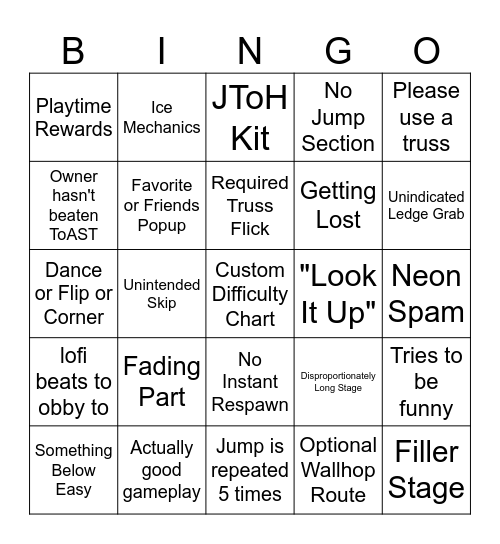 Difficulty Chart Obby Bingo Card