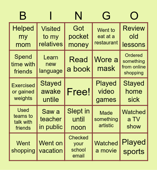 Welcome Back To School Bingo Card