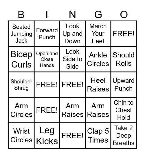 Exercise Bingo Card