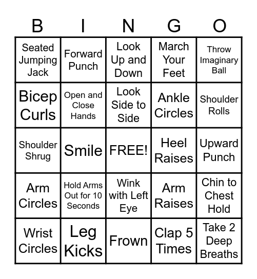 Exercise Bingo Card