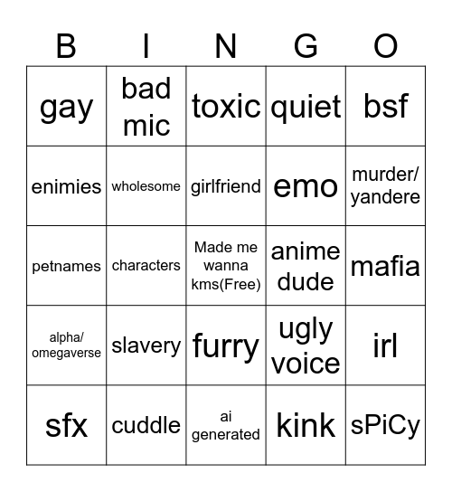 bf asmr Bingo Card