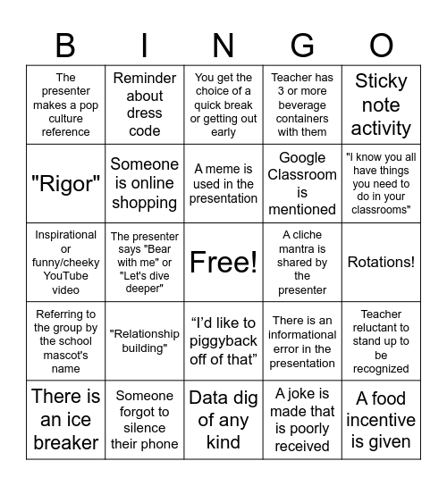 Professional Development Bingo Card