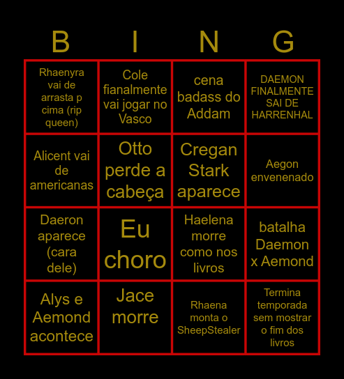 Hotd s2 final Bingo Card