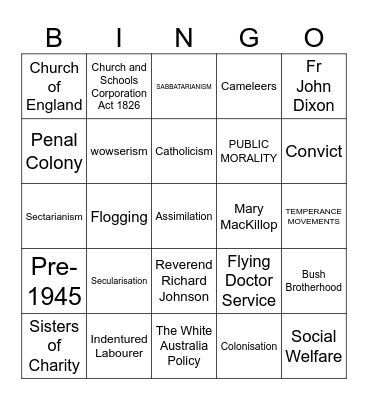 RE in Australia pre-1945 Bingo Card
