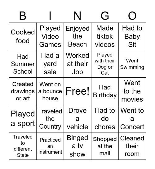 Mr. Aldaba's Summer Bingo Card