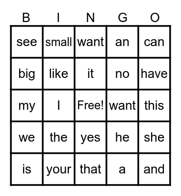 Sight words Bingo Card