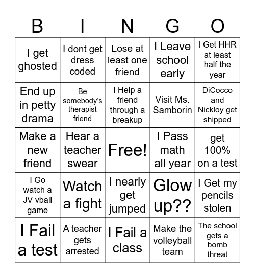 8th Grade Bingo Card